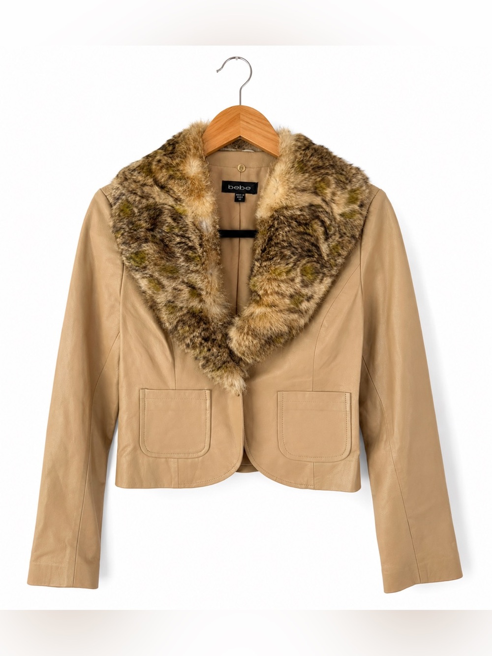 Bebe Camel Leather Jacket With Fur Trim. Excellent Condition XS Classic Y2K
